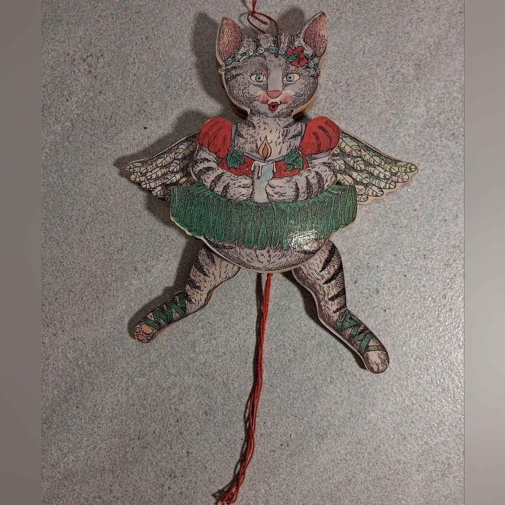 Susan Feves Pull String Angel Cat Jumping Jack Mechanical Toy Vintage 1988